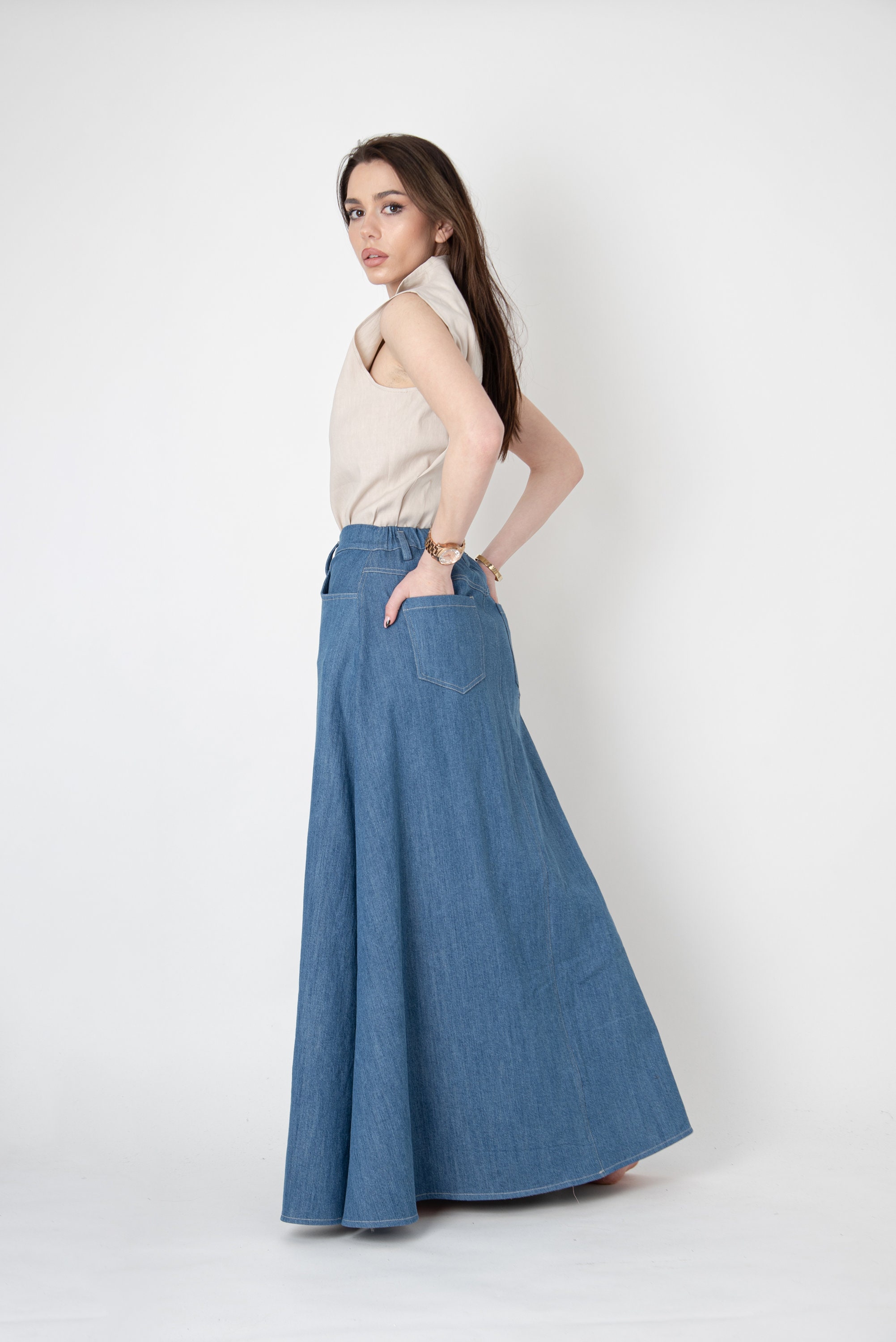 Denim Skirt/long Denim Skirt/maxi Skirt/high Waist Skirt/elastic