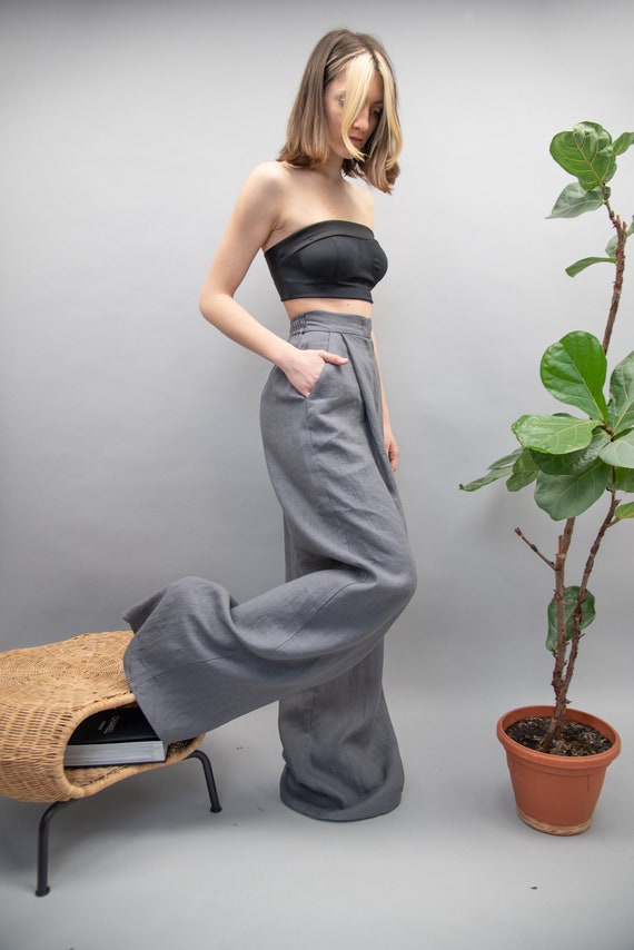 Wide Leg Grey Linen Pants loose Pants palazzo Pants high Waist