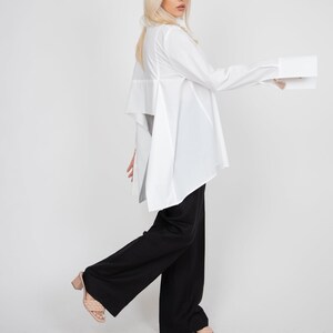 White Asymmetrical Shirt,Collared Shirt,Open Back Shirt,Oversized White Shirt,Extra Large Cuffs,Open Back Shirt,Casual Loose Shirt,FC2115 image 5