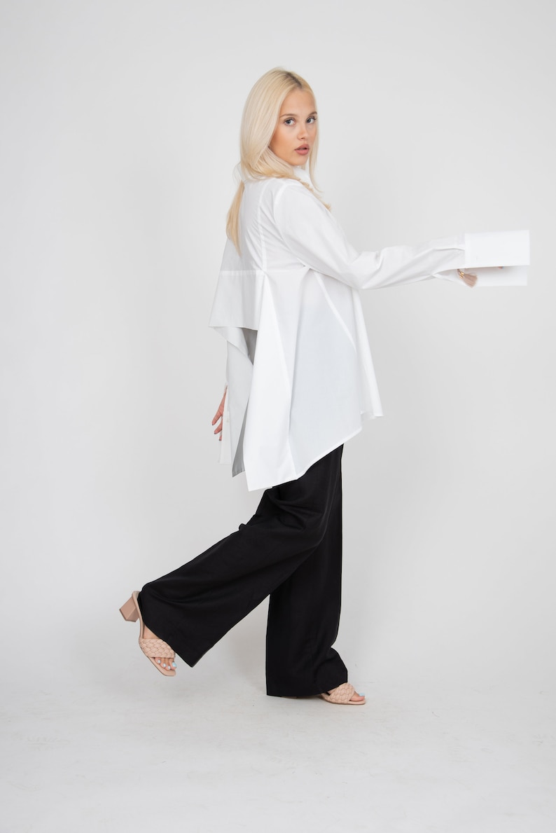 White Asymmetrical Shirt,Collared Shirt,Open Back Shirt,Oversized White Shirt,Extra Large Cuffs,Open Back Shirt,Casual Loose Shirt,FC2115 image 5