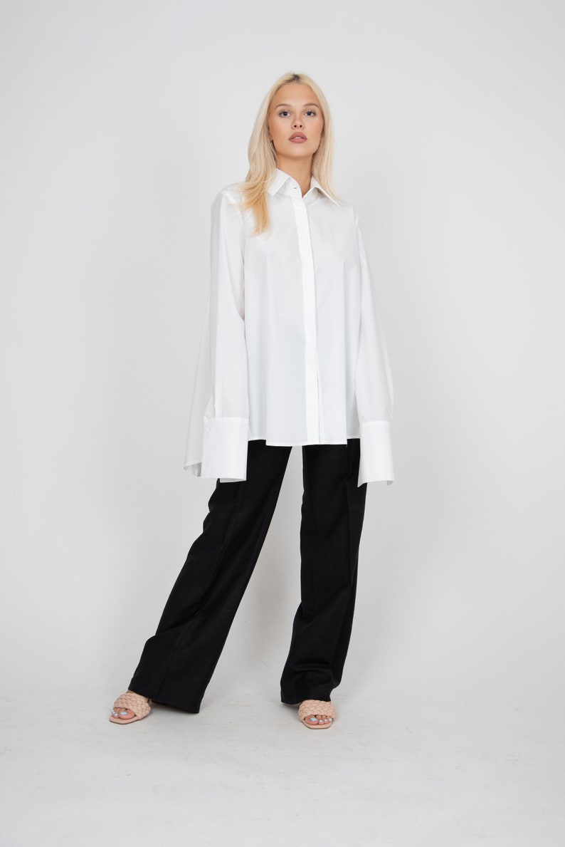 White Asymmetrical Shirt,Collared Shirt,Open Back Shirt,Oversized White Shirt,Extra Large Cuffs,Open Back Shirt,Casual Loose Shirt,FC2115 image 2