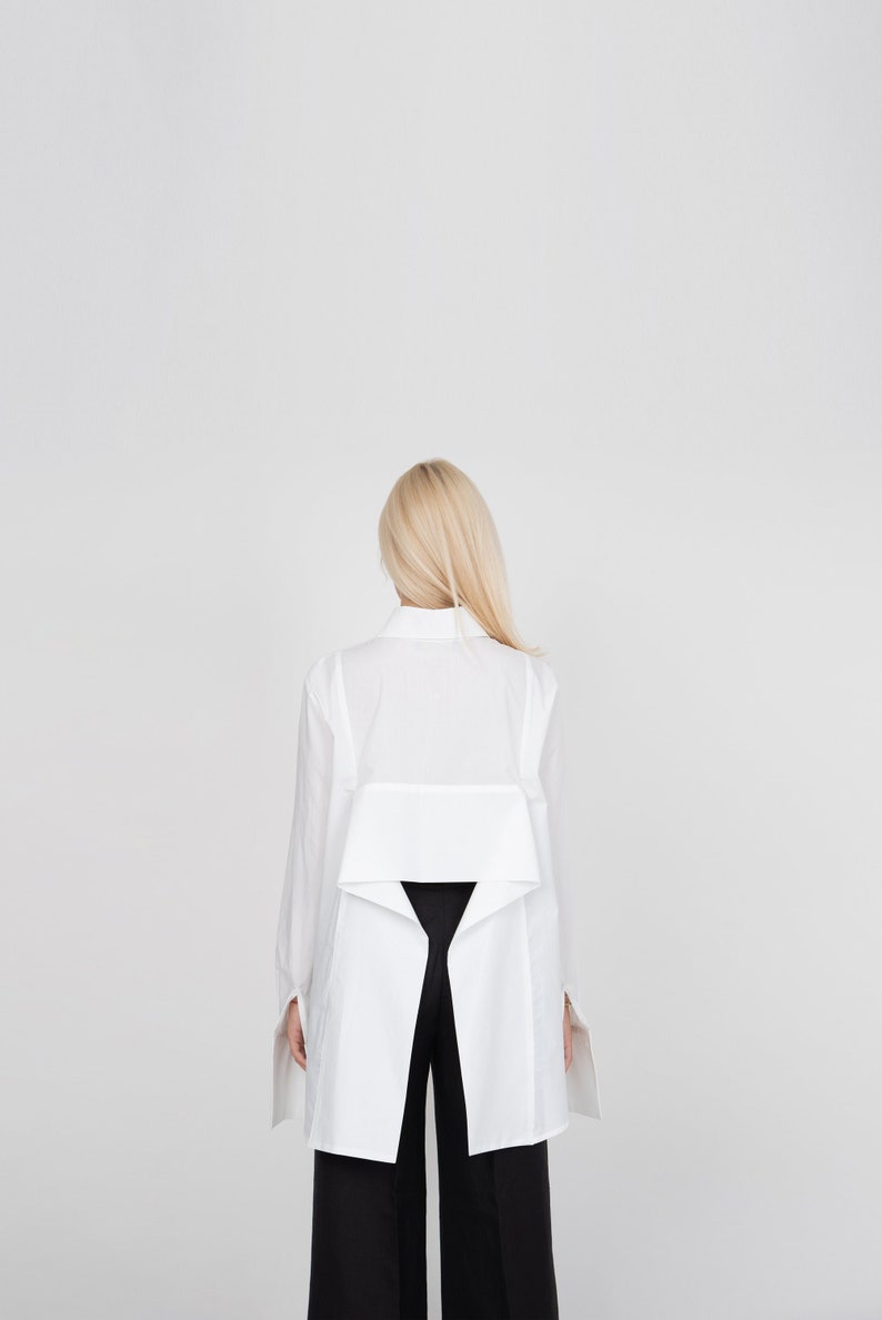 White Asymmetrical Shirt,Collared Shirt,Open Back Shirt,Oversized White Shirt,Extra Large Cuffs,Open Back Shirt,Casual Loose Shirt,FC2115 image 1