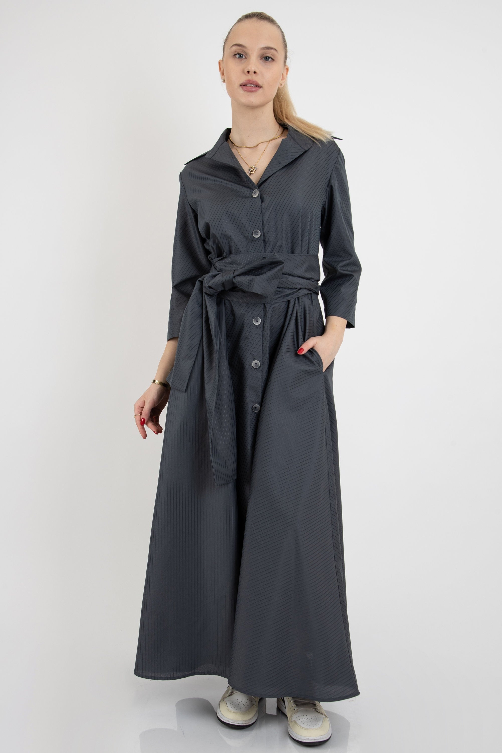 chinese dress ladies Blue Embellished Long Sleeve Trapeze Dress with Ruffle Hem