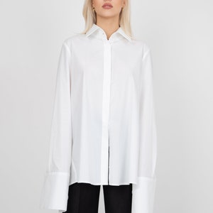 White Asymmetrical Shirt,Collared Shirt,Open Back Shirt,Oversized White Shirt,Extra Large Cuffs,Open Back Shirt,Casual Loose Shirt,FC2115 image 7