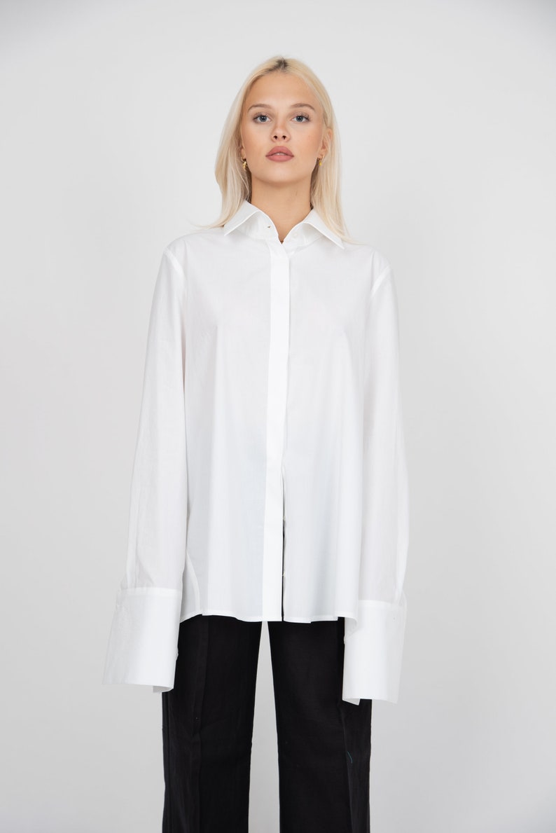 White Asymmetrical Shirt,Collared Shirt,Open Back Shirt,Oversized White Shirt,Extra Large Cuffs,Open Back Shirt,Casual Loose Shirt,FC2115 image 7