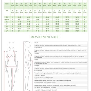 May include: Size chart for clothing with measurements in inches and centimeters. The chart includes sizes from XXS to 4XL and measurements for bust, waist, hips, EU, UK/AU/NZ, DE, IT, FR, RU, and JP.