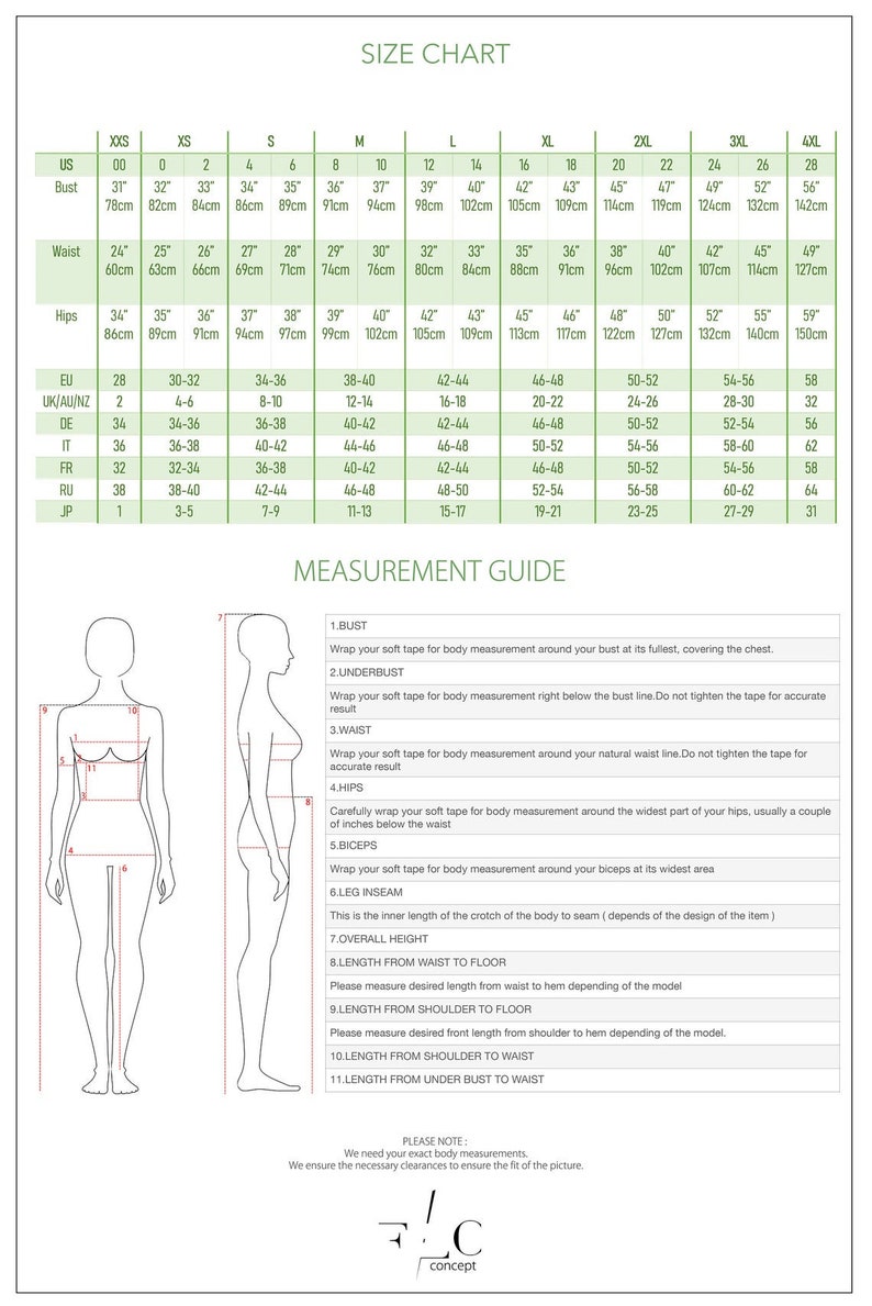 May include: Size chart for clothing with measurements in inches and centimeters. The chart includes sizes from XXS to 4XL and measurements for bust, waist, hips, EU, UK/AU/NZ, DE, IT, FR, RU, and JP.