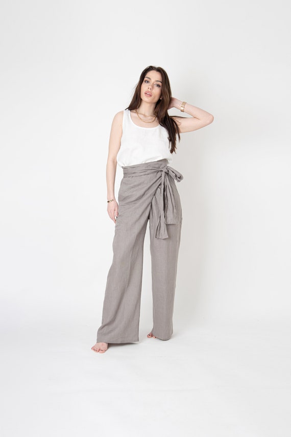 Linen Wrap Pants/linen Palazzo Pants/loose Linen Pants/linen
