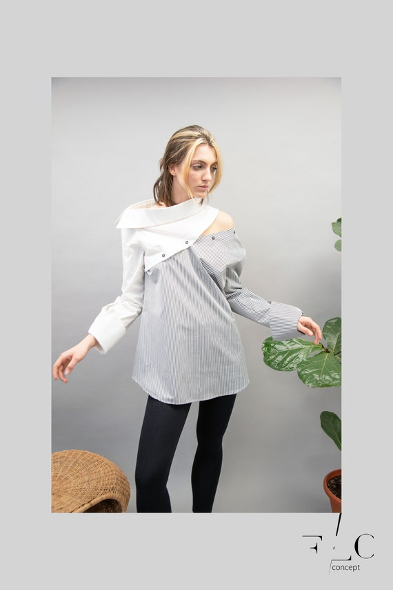 Convertible Cotton Shirt, Asymmetrical Cut Out Designer Shirt/FC1039
