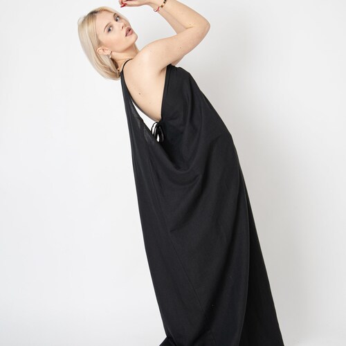 Linen Robe/Slow Fashion/Black Kaftan Dress/Open Back Dress/Asymmetric Linen Dress/Draped Dress/Linen shops Maxi Dress/Linen Summer Dress/FC1061