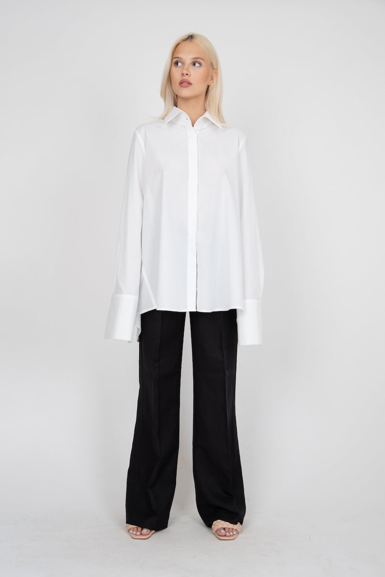 White Asymmetrical Shirt,Collared Shirt,Open Back Shirt,Oversized White Shirt,Extra Large Cuffs,Open Back Shirt,Casual Loose Shirt,FC2115 image 6