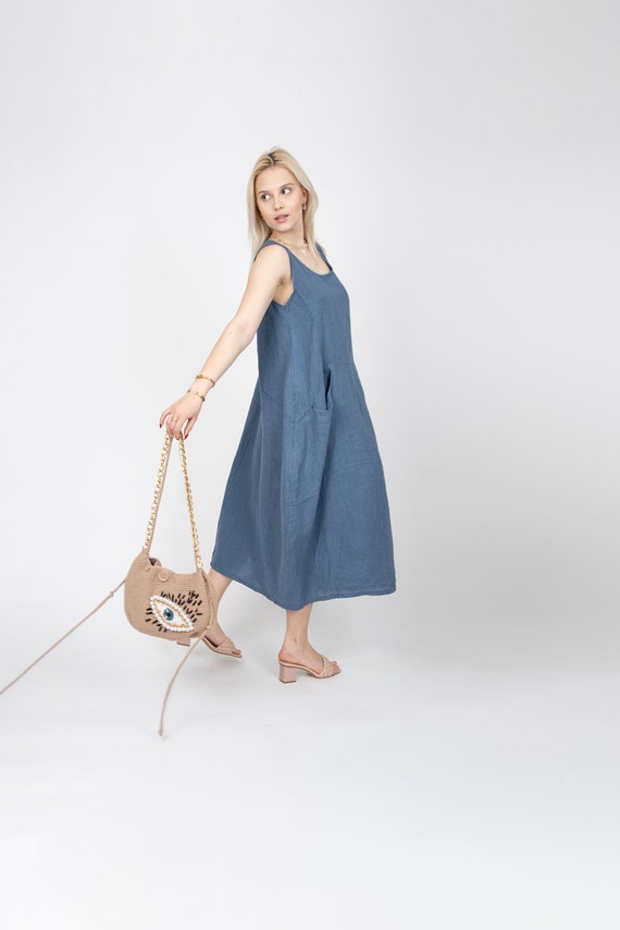 blue linen tunic dress Billy Reid Linen Chainstitch Tunic Dress, Navy