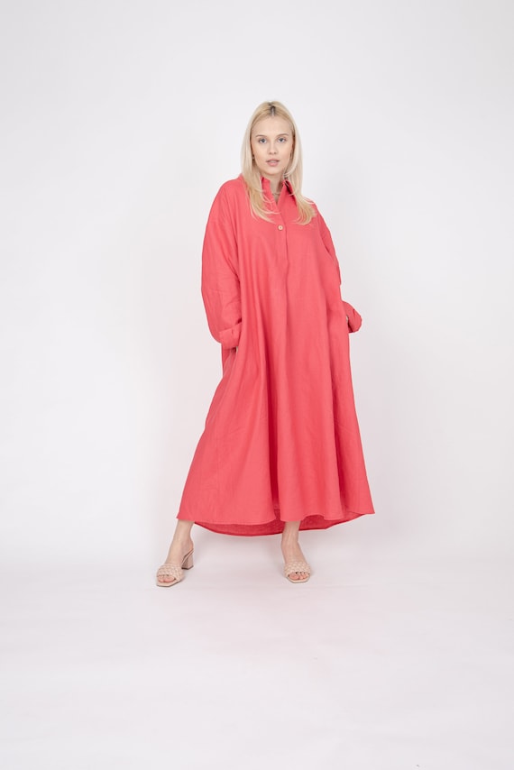 Coral Linen Maxi Dress, Oversized Shirt Dress, Beach Caftan FC1136