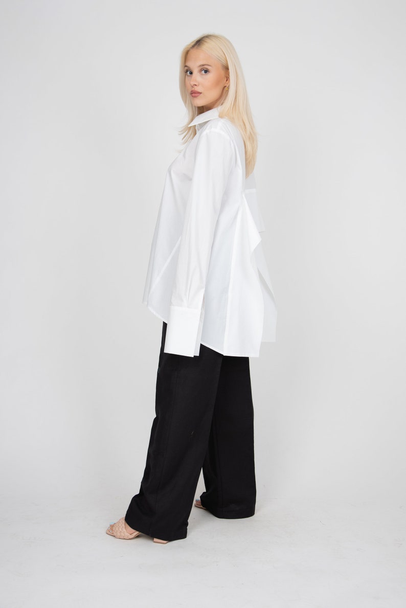 White Asymmetrical Shirt,Collared Shirt,Open Back Shirt,Oversized White Shirt,Extra Large Cuffs,Open Back Shirt,Casual Loose Shirt,FC2115 image 4