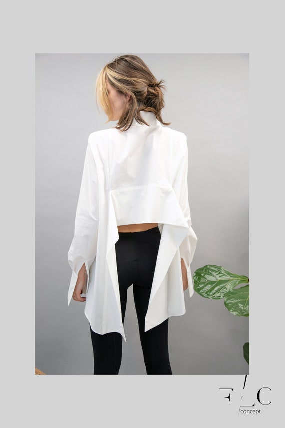White Asymmetrical Shirt,collared Shirt,open Back Shirt,oversized