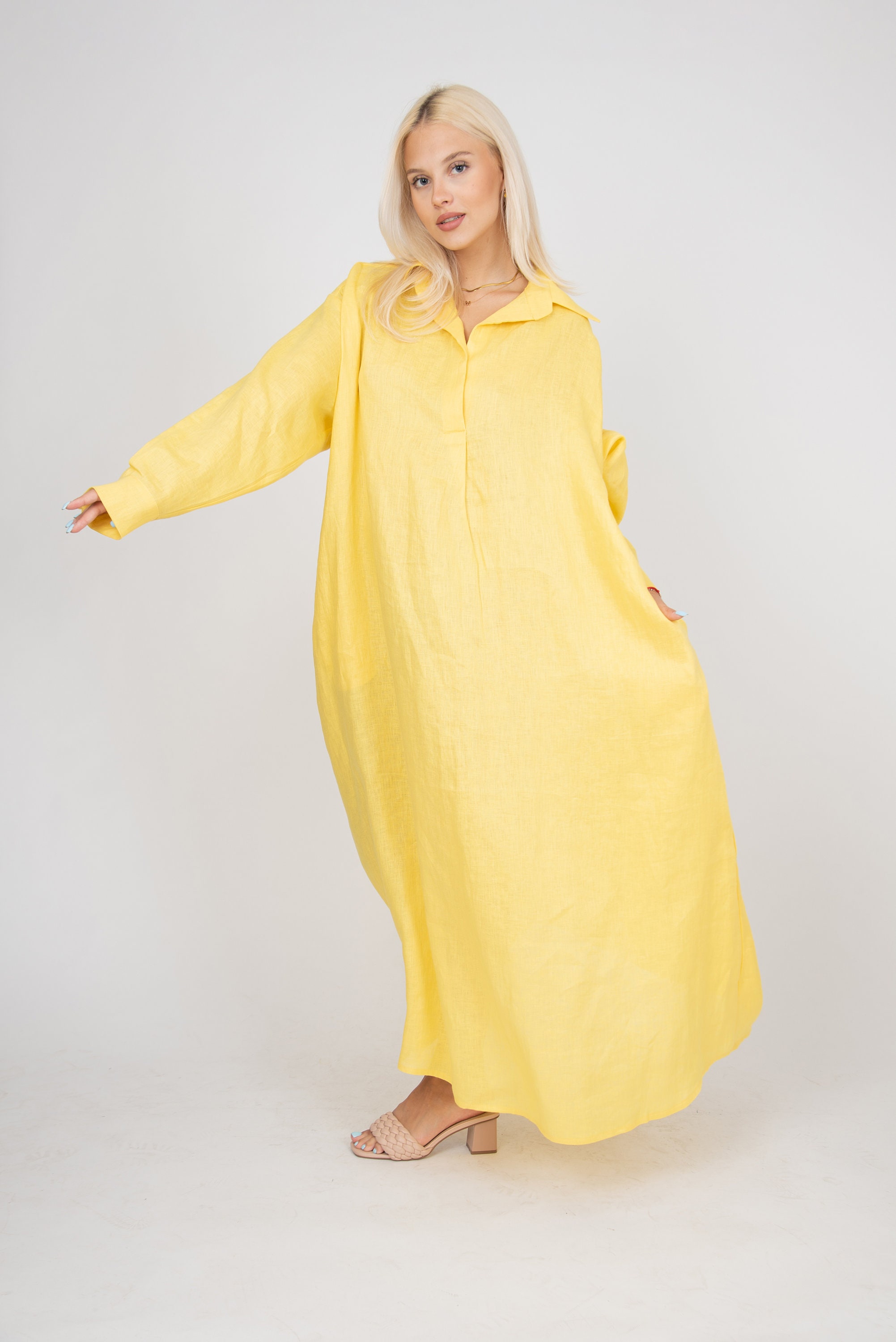 yellow oversized shirt dress Women's Lemon Yellow Soho Linen Shirt Dress, S