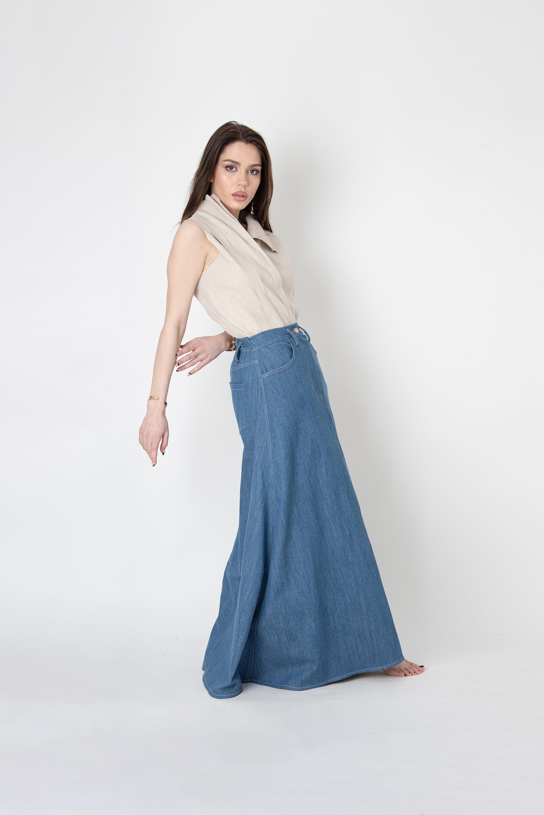 Denim Skirt/long Denim Skirt/maxi Skirt/high Waist Skirt/elastic Waist ...