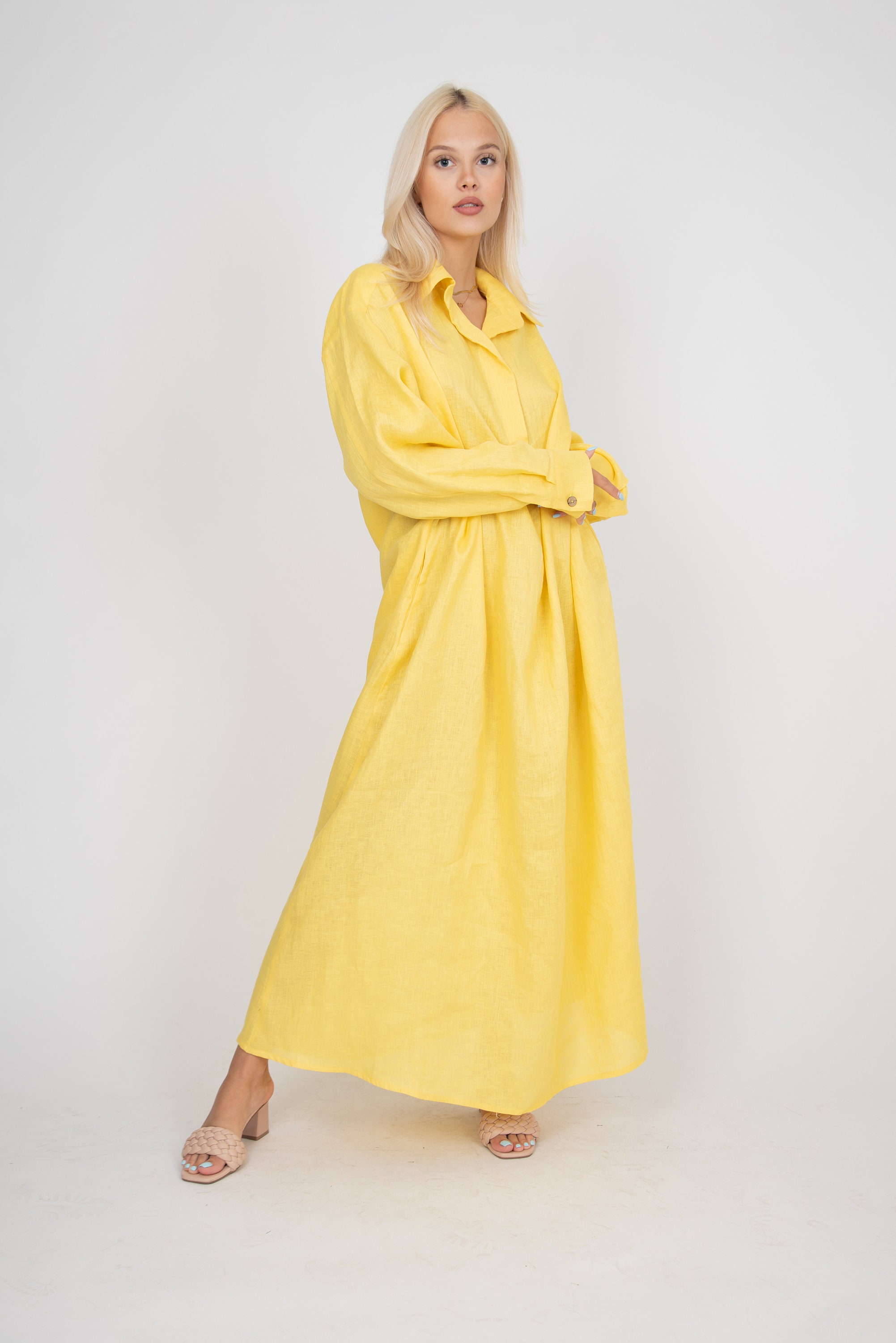 Oversized Shirt Dress/cute Yellow Dress/linen Shirt Dress