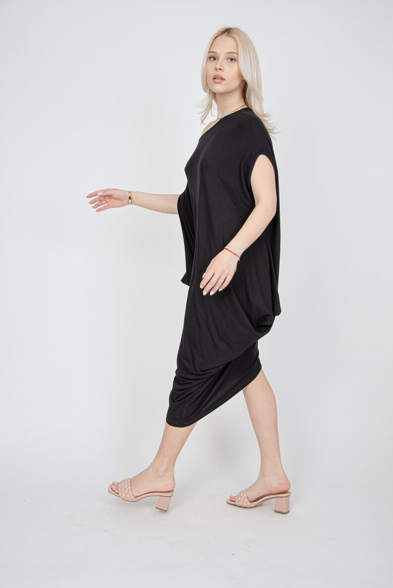 Black Draped Dress/Tunic Dress/Asymmetrical Dress/Off The Shoulder Dress/Casual Dress/Sporty Dress/Draped Dress/Blouson Dress/FC1010 image 5