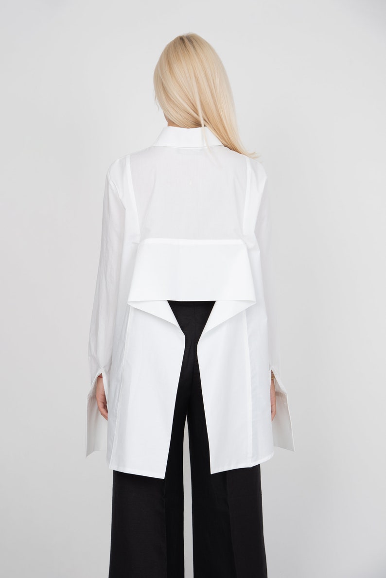 White Asymmetrical Shirt,Collared Shirt,Open Back Shirt,Oversized White Shirt,Extra Large Cuffs,Open Back Shirt,Casual Loose Shirt,FC2115 image 8