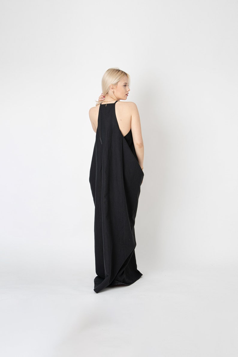 Linen Robe/Slow Fashion/Black Kaftan Dress/Open Back Dress/Asymmetric Linen Dress/Draped Dress/Linen Maxi Dress/Linen Summer Dress/FC1061 imagem 1