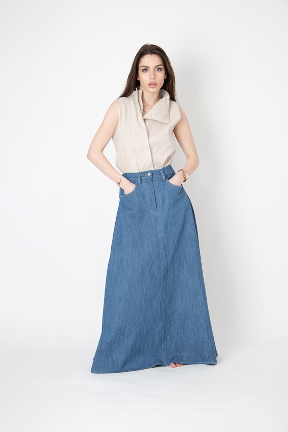 Denim Maxi Skirt/denim Maxi Skirt/vintage Denim Skirt/denim