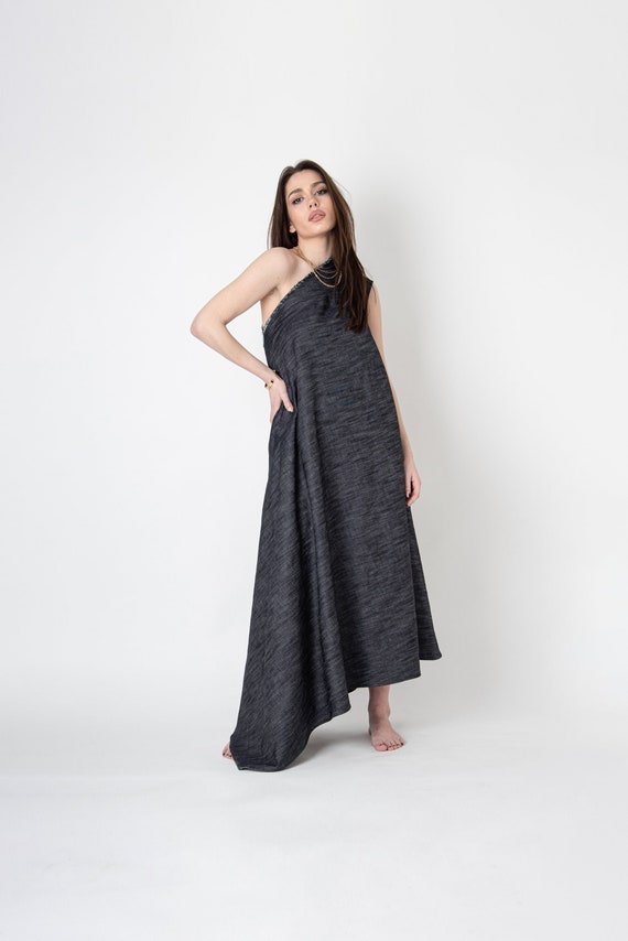 Long Denim Dress one Shoulder Dress off Shoulder Dress denim Maxi Dress blue Maxi Dress eco Dress asymmetric Dress denim Dress fc1101 Etsy