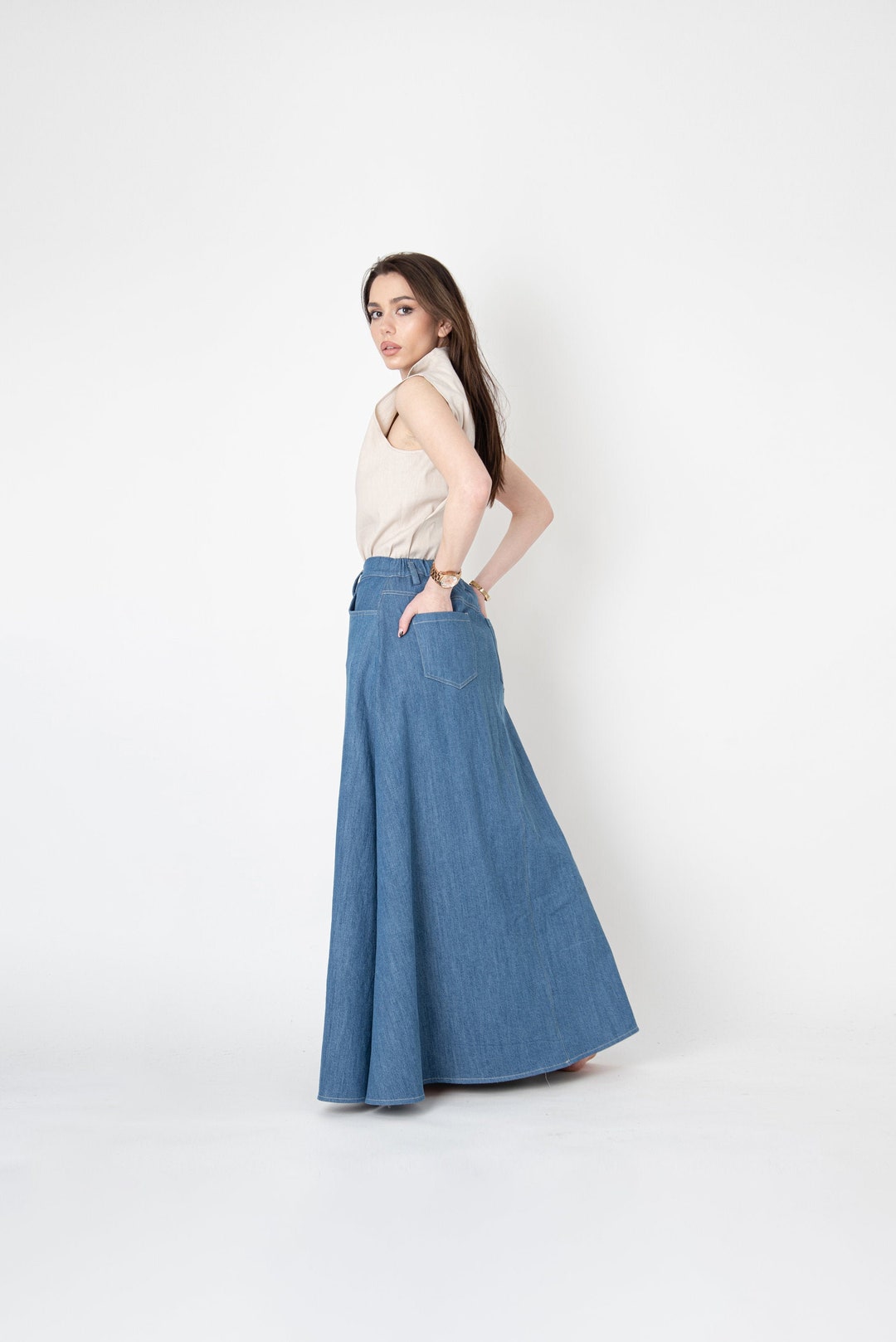 Denim Maxi Skirt/Denim Maxi Skirt/Vintage Denim Skirt/Denim A