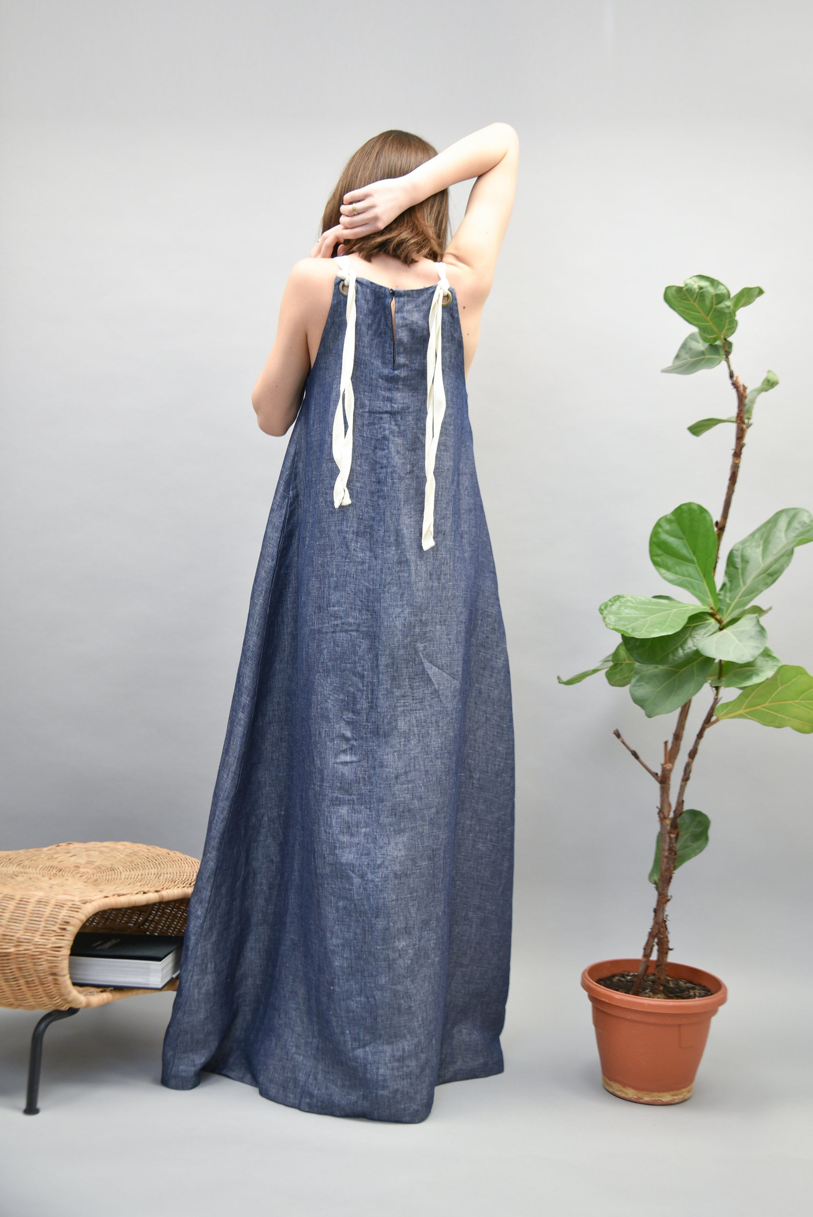 Blue Kaftan Dress,handmade Linen Dress,dress With Ties,elegant Dress,zero Waste Dress,blue Maxi