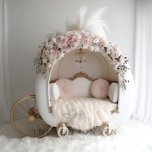 Newborn Digital Backdrop, Newborn Digital Background, white princess carriage, floral carriage, princess