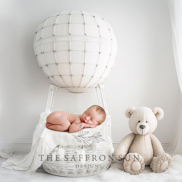 Newborn Digital Backdrop, Newborn Digital Background, white, hot air balloon, teddy bear