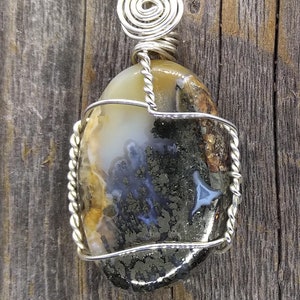 Majestic Golden Marcasite | Detailed Malibu Agate | Sterling Silver Wire Wrapped Pendant | Handmade | Boho | Jewelry | 56x27x6mm