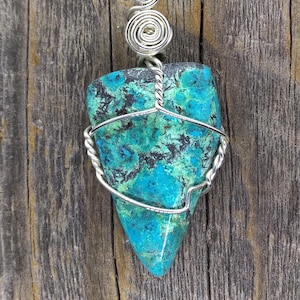 Atlas Blue Peruvian Chrysocolla | Sterling Silver Wire Wrapped Pendant | Handmade | Boho | Jewelry | Measures 53x25x8mm