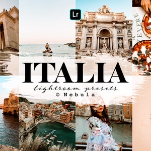 Puede incluir: Un collage de imágenes que muestran la belleza de Italia. Las imágenes incluyen un gran edificio con una fuente, una persona en un barco en el océano, una pareja de pie en un acantilado con vistas al mar, una ciudad con edificios coloridos, una mujer con un vestido floral y un plato de pizza.