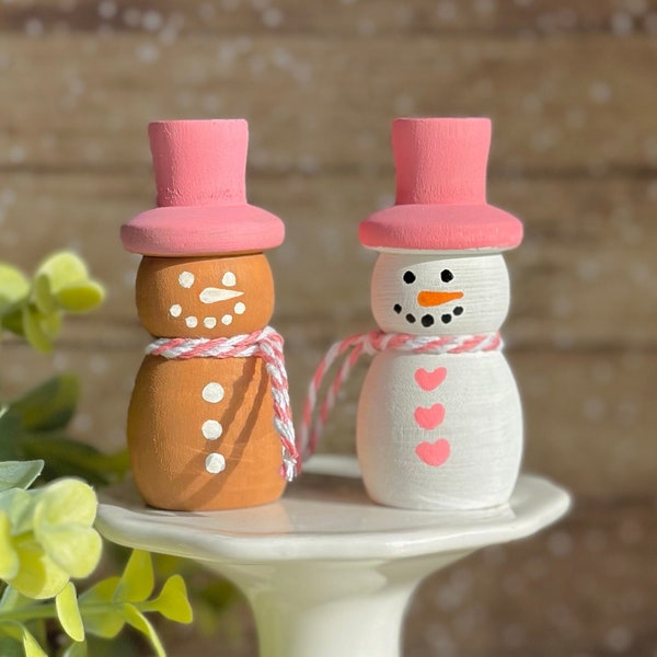 Mini Snowman Tiered Tray Snowman Decor Winter Tiered Tray Gingerbread Winter Decor Cute Wooden Snowmen Pink Christmas Tiered Tray Decor