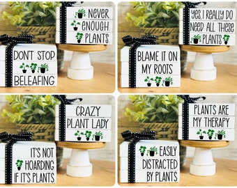 Crazy Plant Lady Plant Lover Sign Funny Sign Gardener Gift Modern Boho Farmhouse Tiered Tray Decor Wooden Faux Books Mini Wood Book Stack