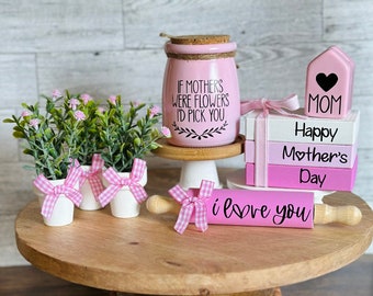 Mother's Day Tiered Tray Decor Bundle Mother's Day Wood Signs Mother's Day Gift for mom Mothers Day Decor Rolling Pin Book Stack Glass Jar