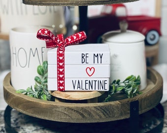 Valentines Day Decor Tiered Tray Decor Be My Valentine Mini Wood Book Stack Hugs Kisses XOXO Block Sign Farmhouse Valentines Decorations