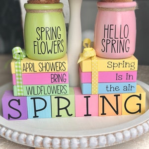 Spring Decor Spring Tiered Tray Spring Mini Wood Book Stack Spring Tiered Tray Decor Spring Glass Jars SPRING Wooden Stacked Blocks