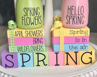 Spring Decor Spring Tiered Tray Spring Mini Wood Book Stack Spring Tiered Tray Decor Spring Glass Jars SPRING Wooden Stacked Blocks