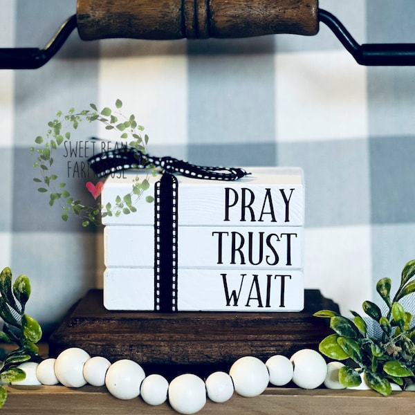 Pray Trust Wait, Tiered Tray Decor, Mini Wood Book Stack, Wooden Mini Books, Farmhouse Tiered Tray Decor, Religious Decor