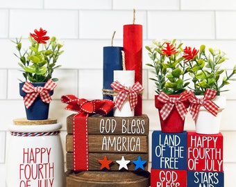 4th of July Tiered Tray Decor Independence Day Patriotic Fourth of July 4th God Bless America Book Stack Summer Tiered Tray Americana Decor