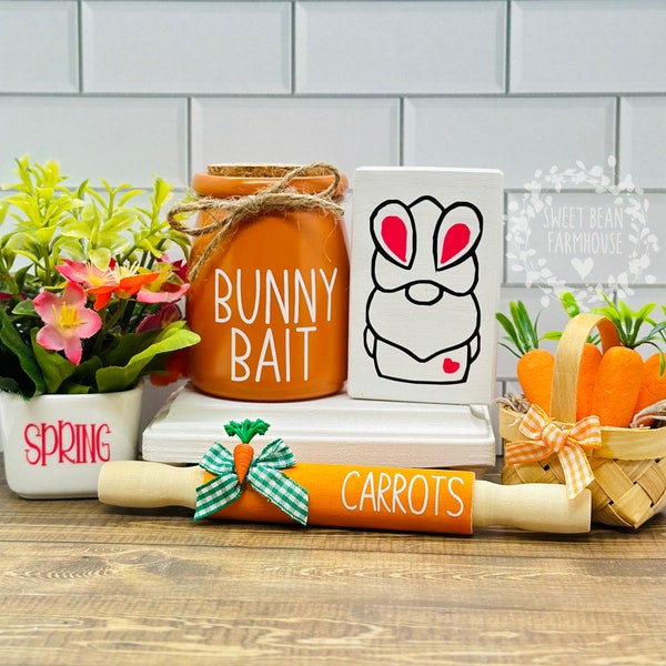 Easter Decor | Easter Tiered Tray Decor | Carrots Tiered Tray | Bunny Bait Jar | Mini Rolling Pin | Carrot Basket | Easter Bunny Gnome