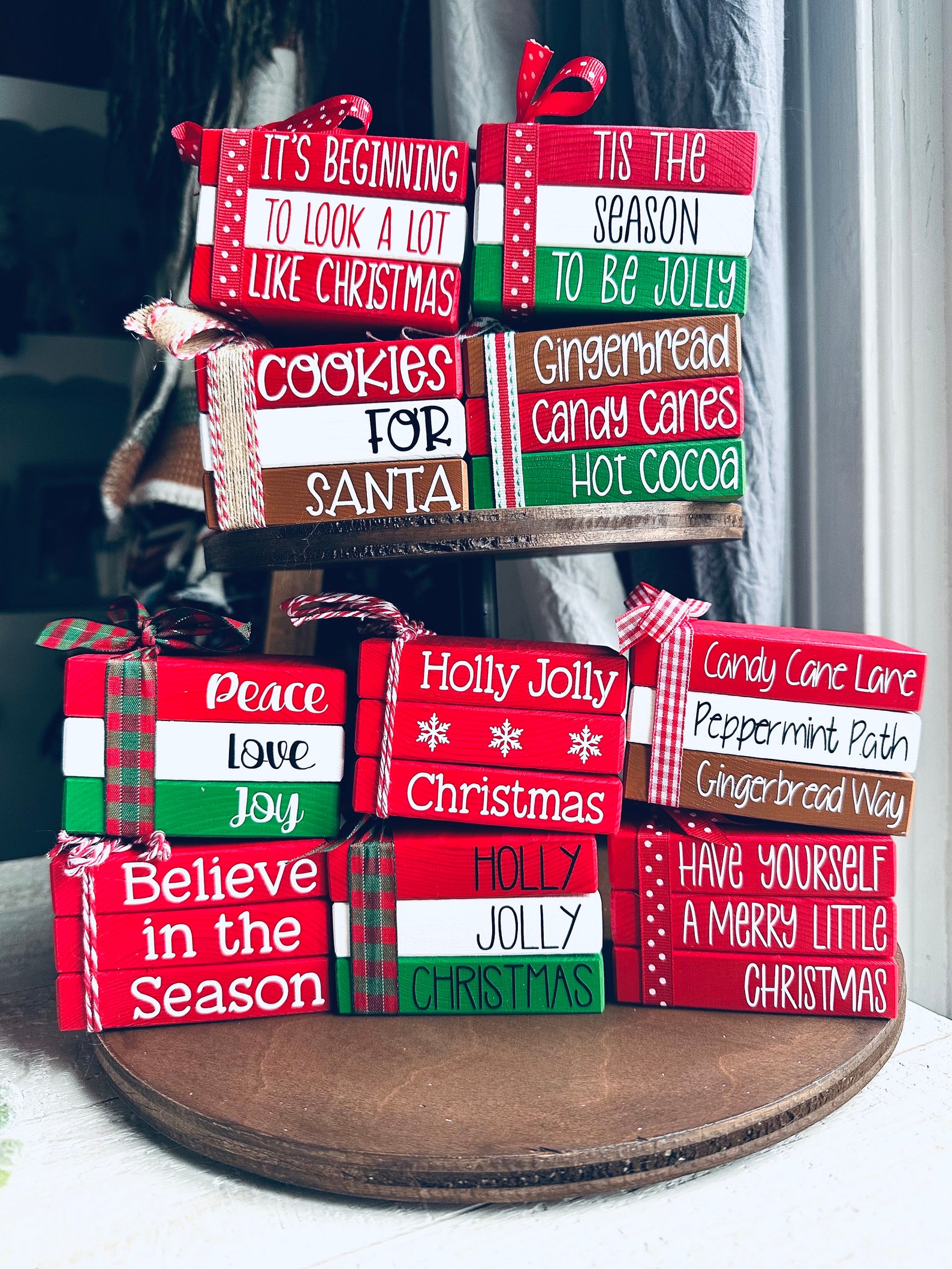 Christmas Mini Book Stacks Tiered Tray Decorations Mantel Decor Wood