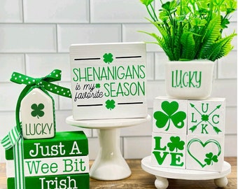 St Patricks Day Tiered Tray Decor Saint Patricks Day Decorations St Pattys Day Shamrock Greenery Lucky Shenanigans Sign Book Stack Decor