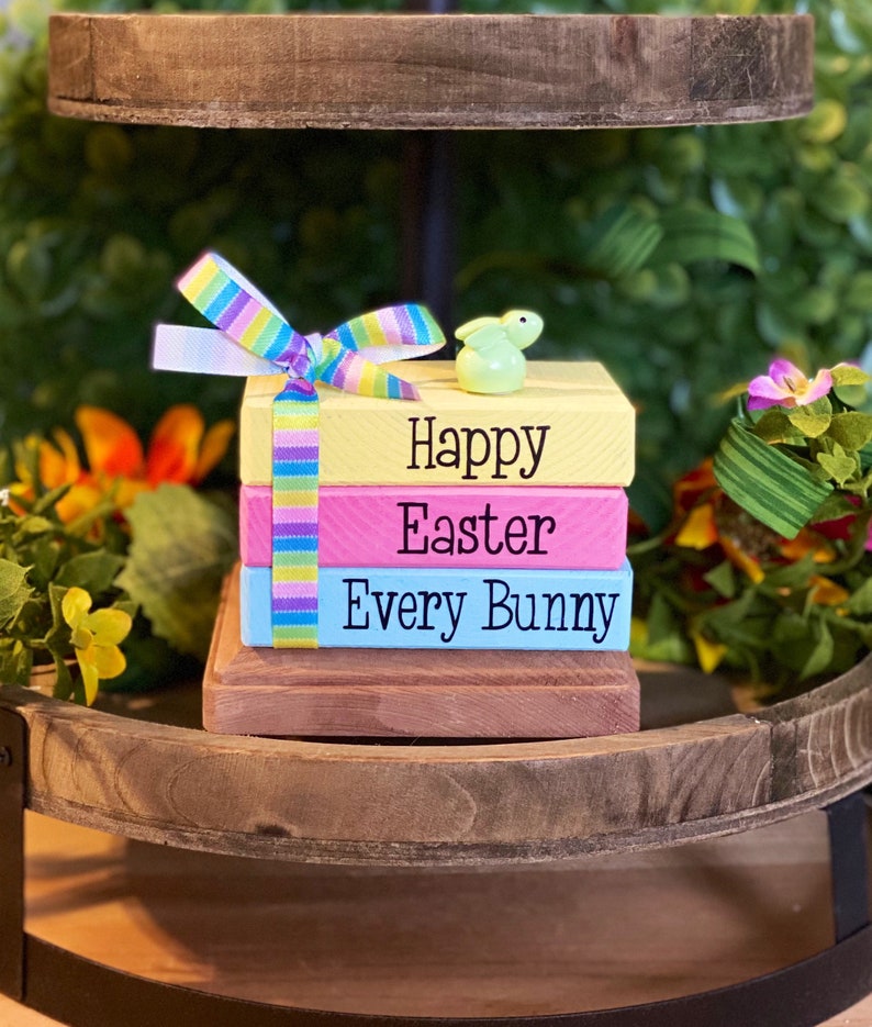 Easter Tiered Tray Decor Mini Wood Book Stack Spring Decor Etsy