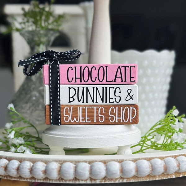 Easter Decor | Easter Tiered Tray Decor | Chocolate Easter Bunny Book Stack | Easter Decorations | Easter Bookstack | Mini Wood Faux Books