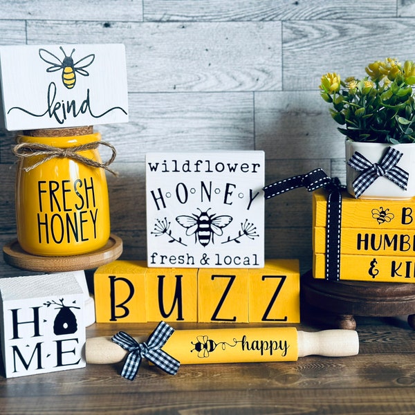 Bee Decor Honey Bee Tiered Tray Decor Bee Wood Book Stack Bee Kind Mini Rolling Pin Floral Greenery Fresh Honey Glass Jar Bee Tier Tray Sign