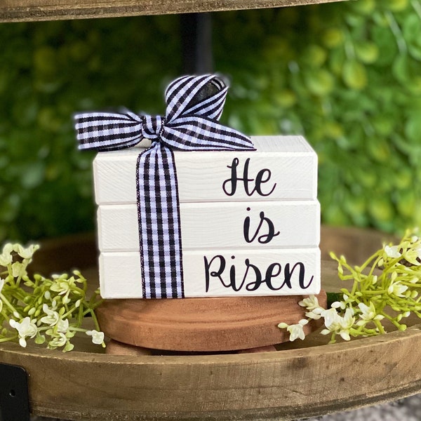 He Is Risen Tiered Tray Easter Decor Christian Resurrection Passover Decoration Farmhouse Tiered Tray Decor Religious Easter Book Stack