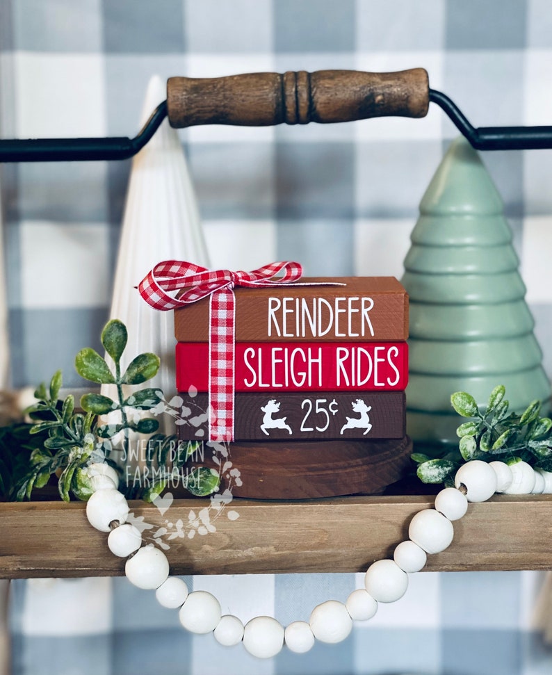 Reindeer Book Stack, Christmas Tier Tray Decor, Wooden Books Bundle